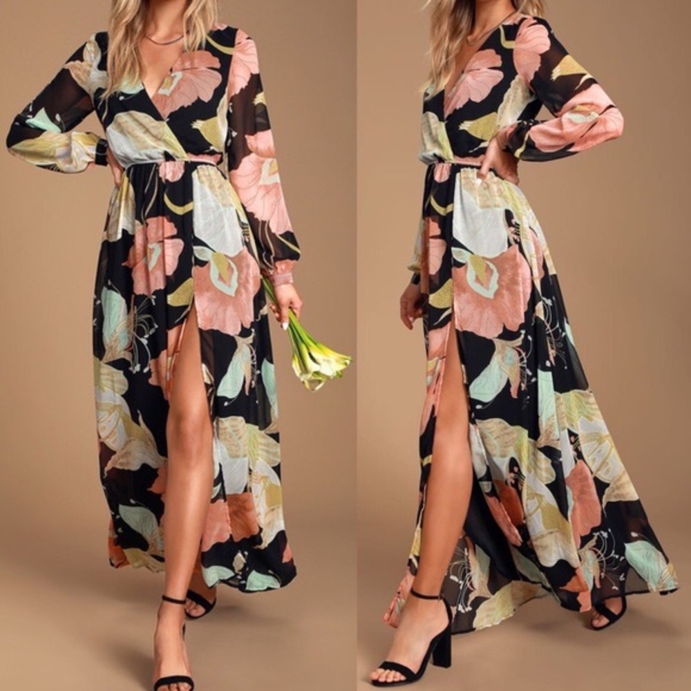 Lulus black floral print maxi dress